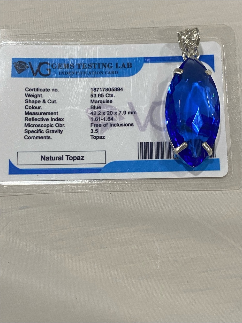 Natural Topaz Marquise Pendant in Deep Blue - Unbranded